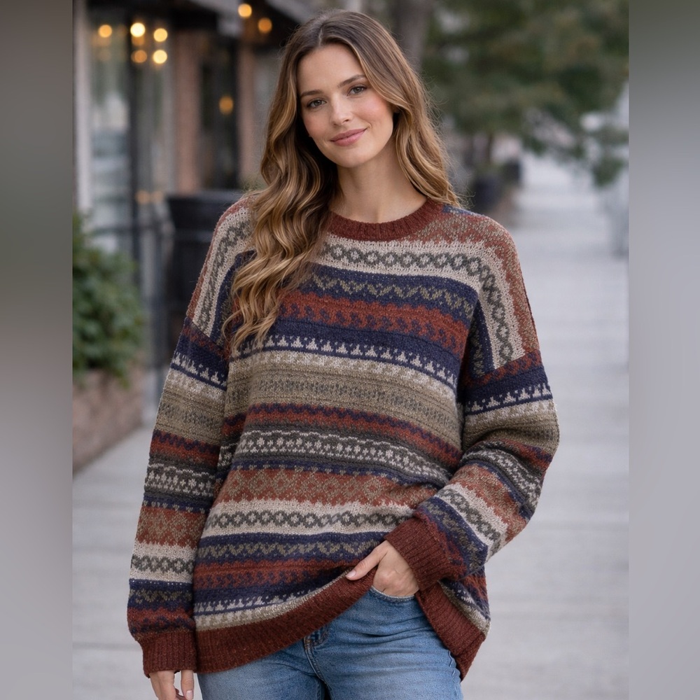 Vintage Fair Isle Striped Oversized‎ Sweater XL Boho Grandpa Cozy Boyfriend Fit